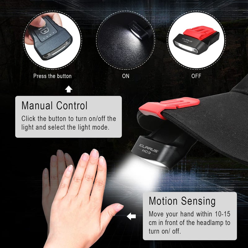 klarus HC3 Rechargeable Motion Sensor Cap Visor Light - 100 Lumens COB LED Clip on Hat Light - Headlamp Flashlight with Red Light for Fishing Running Camping Reading - Image 4